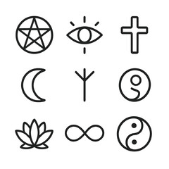 Mystical Icon Set. Outline icon set of mystical signs: pentagram, eye, cross, crescent, rune, spiral, lotus, infinity, yin-yang.