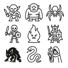 Mythic and Ascension Icons. Outline icon set of mythic enemies: goblin, troll, giant spider, skeleton warrior, fire elemental,