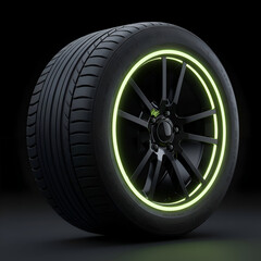 Obraz premium Modern black alloy wheel with glowing lime green accents on a dark background. High-tech automotive part displayed in studio setting.