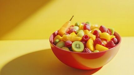Photograph of a red bowl filled with assorted fruitsâ€”peaches, kiwi, and raspberriesâ€”on a yellow background.