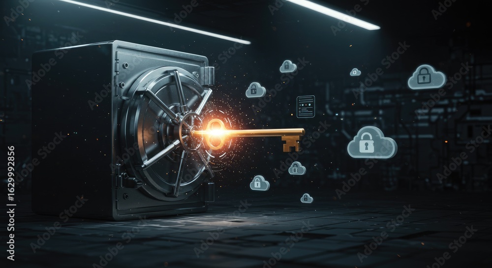 Poster golden key opens access to secured data in modern vault illustration of cybersecurity solutions and 