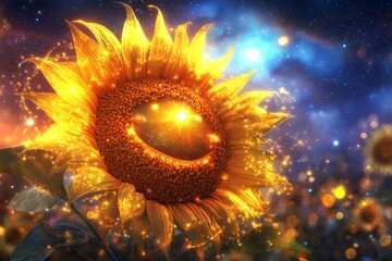 Glowing sunflower with cosmic background and happy face
