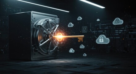Golden key opens access to secured data in modern vault illustration of cybersecurity solutions and digital security systems business concept for data protection and access management