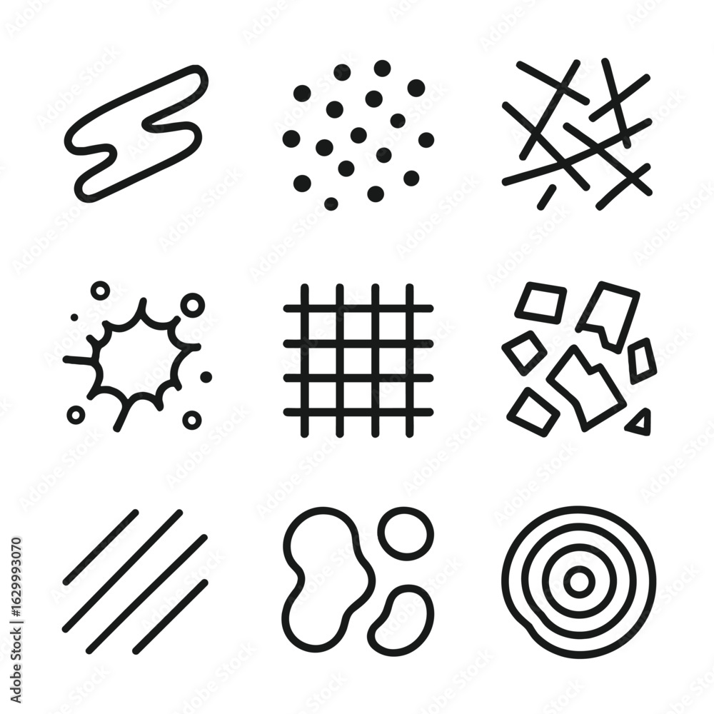 Poster Abstract Icon Collection. Outline icon set of abstract patterns: brush strokes, dots cluster, random lines, splatter, mesh grid,