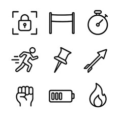 Fototapeta premium Determination Icon Set. Outline icon set of determination icons: locked focus, finish ribbon, fast runner, stopwatch, push pin,