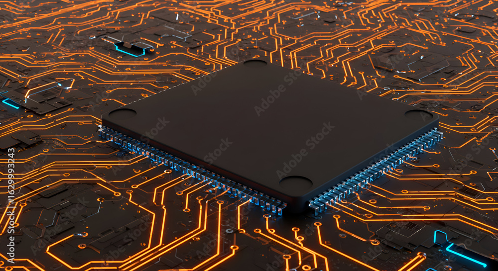 Poster black microprocessor chip on illuminated circuit board. advanced technology component positioned pro