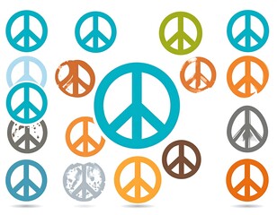 Assorted peace symbols in various colors and distressed textures