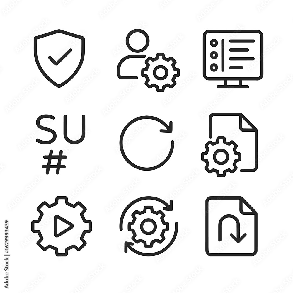 Poster admin command icons. outline icon set of admin commands: admin shield icon, user management command,