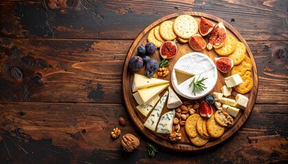 Top-down image of a gourmet French cheese board with brie, blue cheese, nuts, fresh figs, and crackers on a rustic wooden background