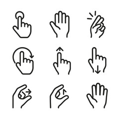 Obraz premium Advanced Gesture Icons. Outline icon set of advanced gesture controls: air tap, hand wave, finger snap, circle gesture, swipe up,