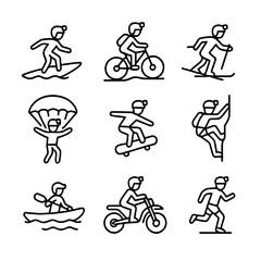 Action Camera Icons. Outline icon set of action cam sports use: surfing, mountain biking, skiing, skydiving, skateboarding, rock