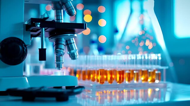 A closeup shot of a laboratory setting with a microscope and a row of test tubes filled with amber liquid. The colors are predominantly blue and orange.