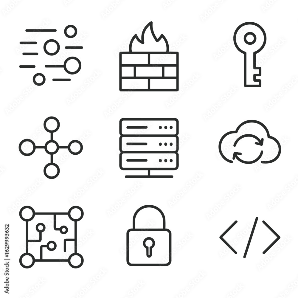 Poster cyberspace icon set. outline icon set of cyberspace elements: data stream, firewall, encryption key,