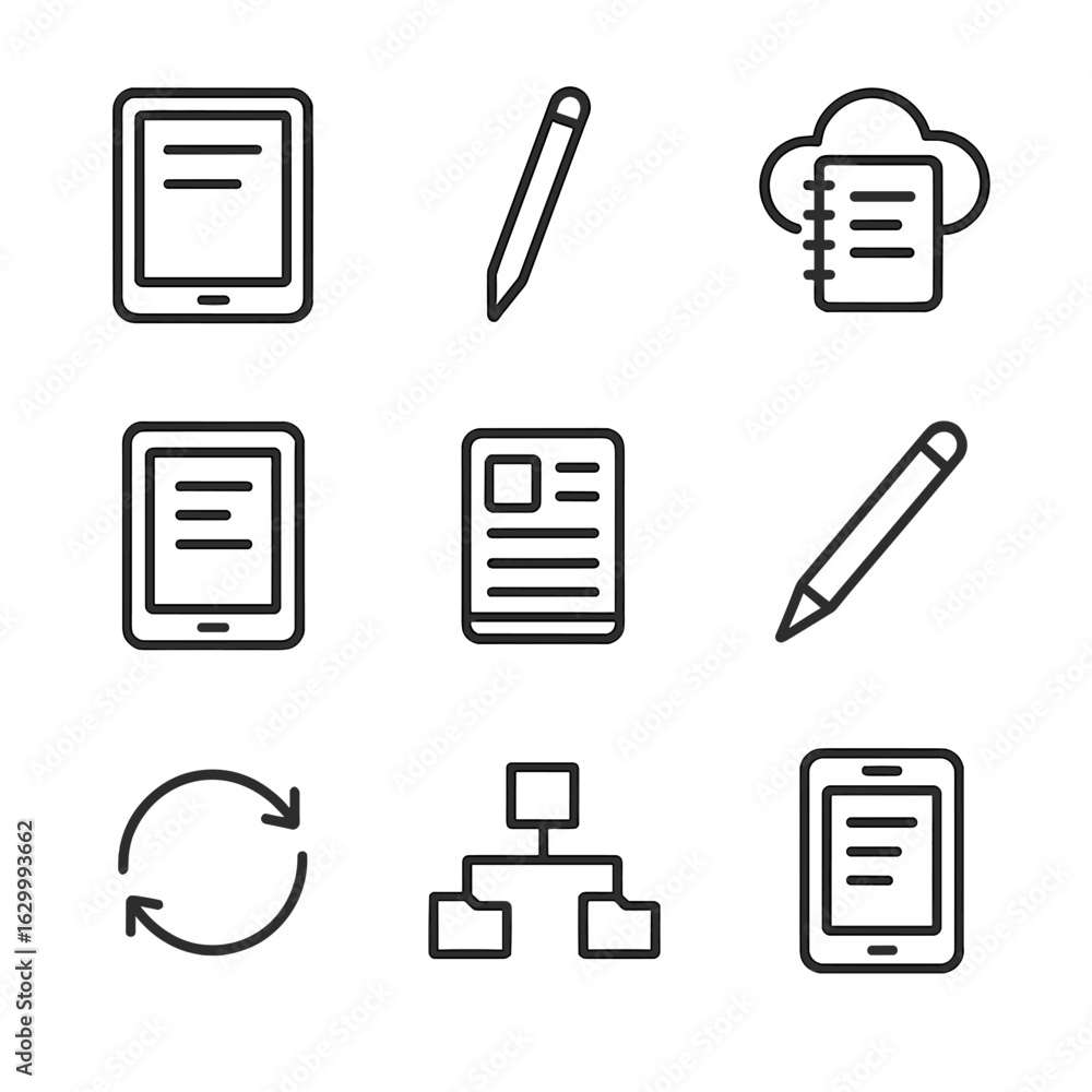 Poster digital notebook icon set. outline icon set of digital notebooks: tablet, stylus, cloud notebook, e-