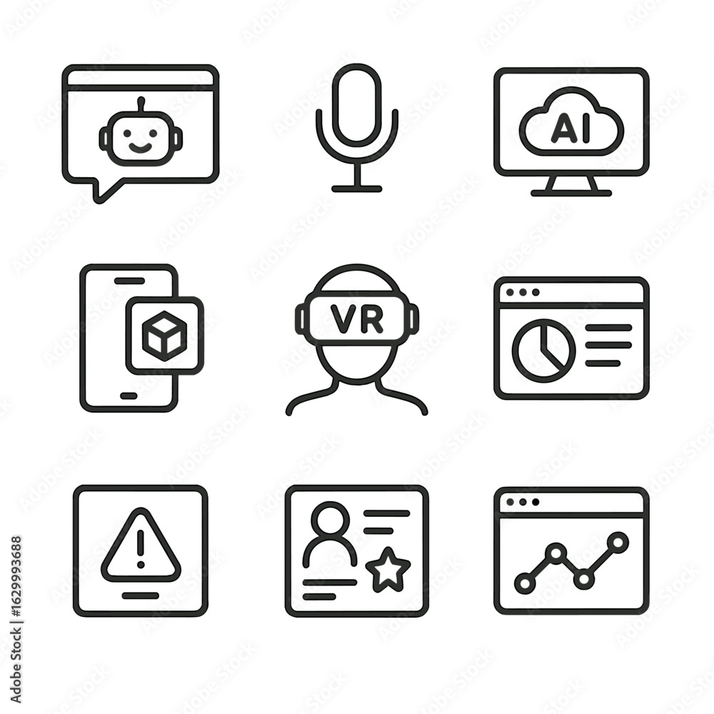 Poster ai interface icon set. outline icon set of ai user interfaces: chatbot window, voice command, smart 