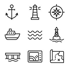 Nautical Icon Set. Outline icon set of nautical mapping: anchor, lighthouse, compass rose, ship, waves, buoy, dock, sonar, marine