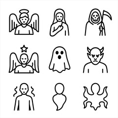 Afterlife Icon Set. Outline icon set of afterlife beings: guardian angel, spirit guide, reaper, ancestor, celestial being, ghost,