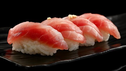 Photograph of four slices of tuna sushi on a black plate, showcasing vibrant pink flesh and textured rice.