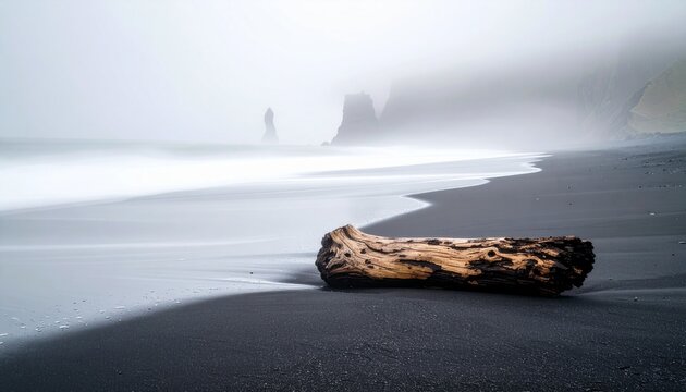 Dramatic black sand beach with misty sea stacks and weathered driftwood - Powered by Adobe