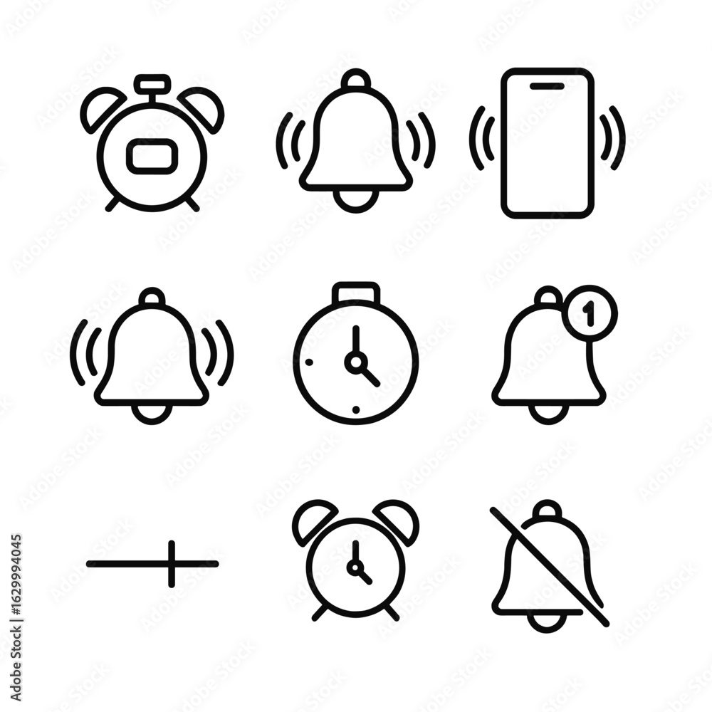 Poster alarm icons grid. outline icon set of alarm features: snooze button, ringing bell, vibration mode, s