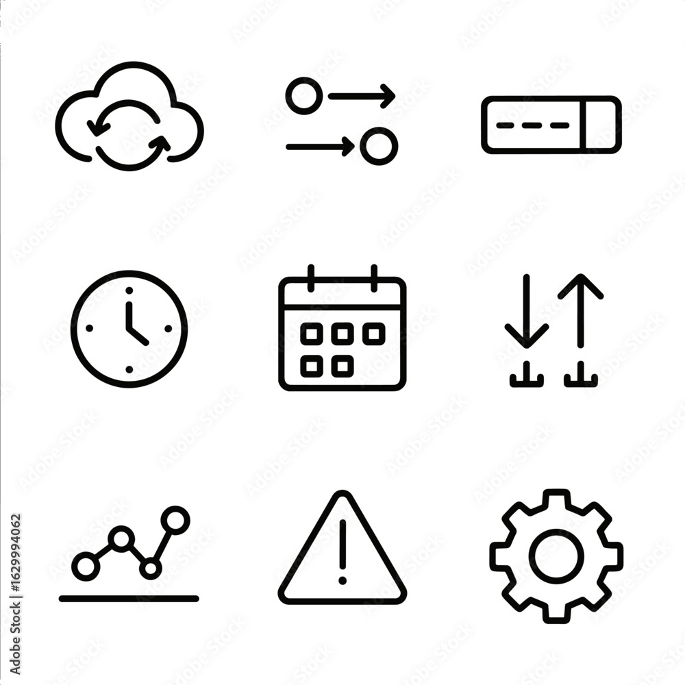 Poster digital timeline icons. outline icon set of digital timeline: cloud sync, data flow, progress bar, c