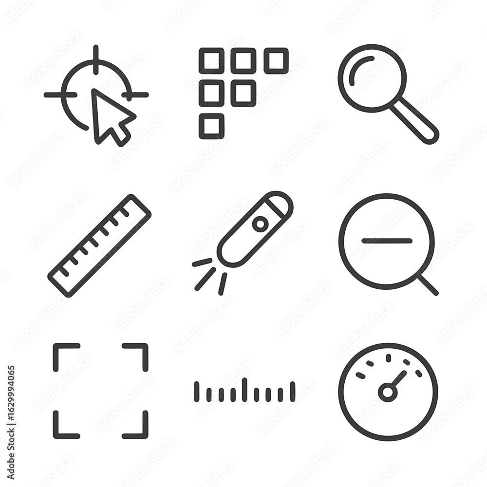 Poster digital tools icon set. outline icon set of digital precision: cursor crosshair, pixel grid, magnify