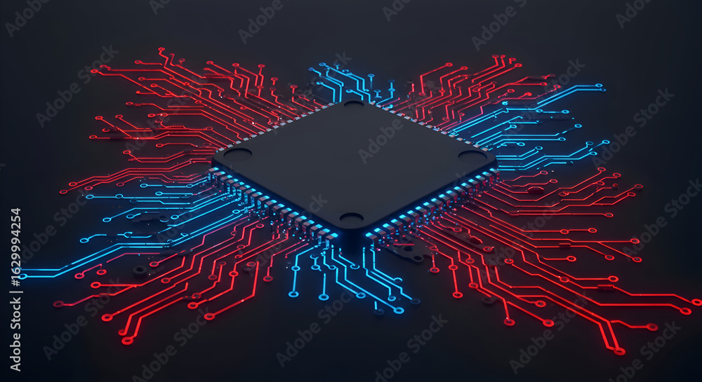 Poster abstract technological image of a central processing unit (cpu) with glowing red and blue circuit tr