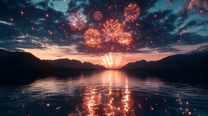 Digital illustration depicts fireworks exploding over a serene lake reflecting a vibrant sunset and mountains.