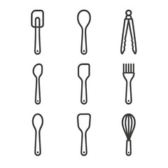 Non-Stick Utensils Icons. Outline icon set of non-stick safe utensils: silicone spatula, silicone spoon, nylon tongs, plastic