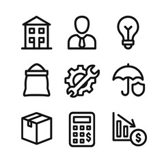 Fixed vs Variable Icons. Outline icon set of fixed vs variable costs: rent, salaries, utilities, raw materials, maintenance,