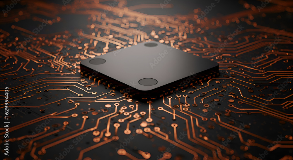 Poster modern cpu chip on a detailed copper circuit board. close-up view of intricate copper wiring pattern