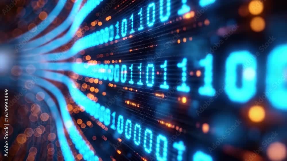 Poster discover the beauty of binary code flowing through a digital landscape with glowing lights in a mesm