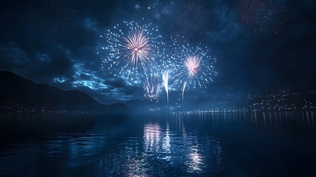 Photograph of fireworks illuminating a dark, calm lake against a cloudy mountain backdrop. - Powered by Adobe