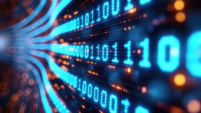 Discover the beauty of binary code flowing through a digital landscape with glowing lights in a mesmerizing display of technology