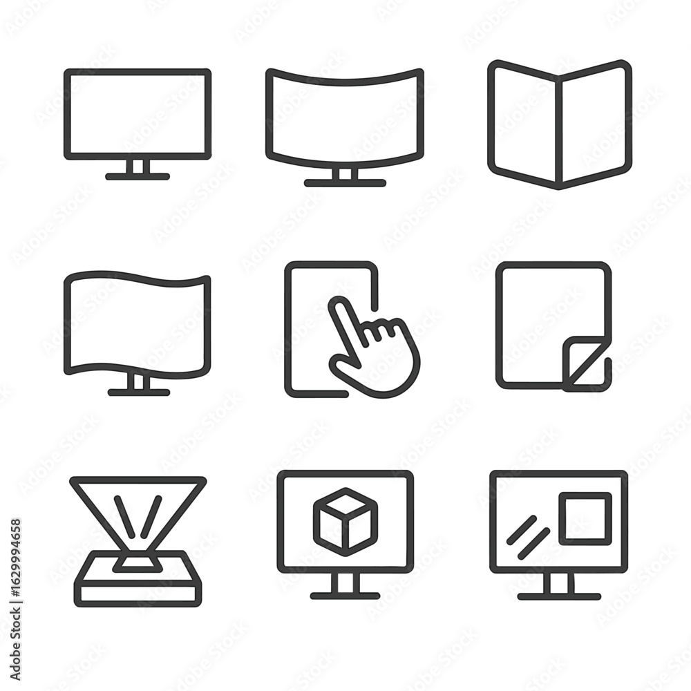 Poster display and lighting icons. outline icon set of display types: flat screen, curved screen, foldable 