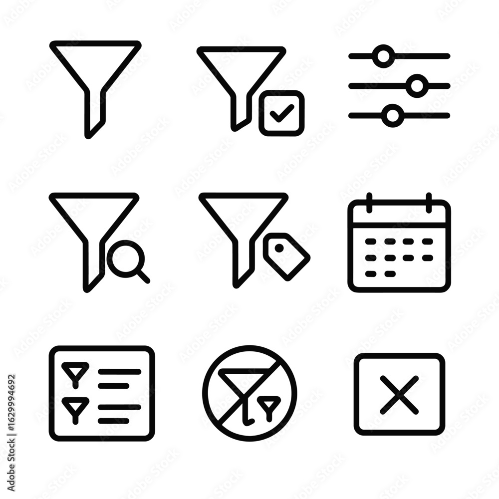 Aufkleber data filter icon set. outline icon set of data filtering: funnel icon, checkbox filter, slider filte
