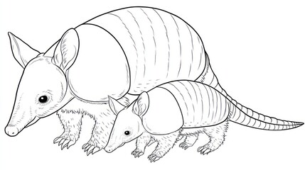 Two armadillos, one adult and one young, in a black and white illustration