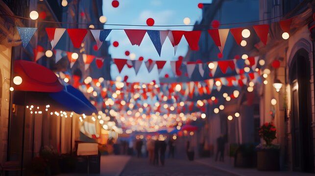 Digital illustration of a European street at night with festive string lights and red banners.
