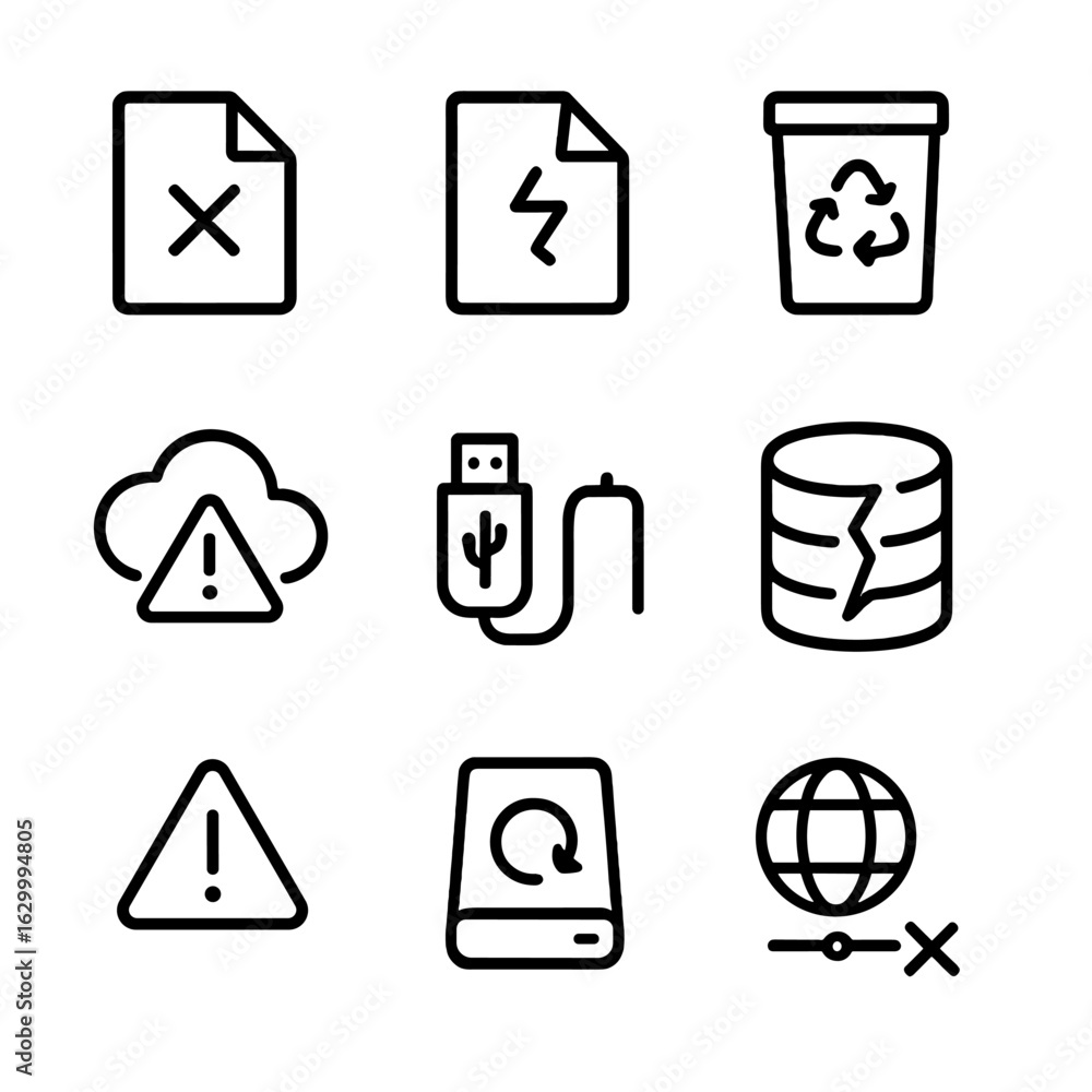 Poster data loss icons. outline icon set of data loss: deleted file, corrupted document, recycle bin, cloud