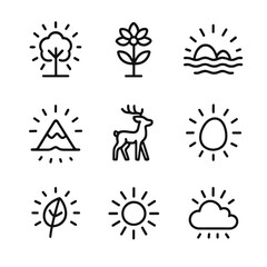 Divine Nature Icons. Outline icon set of divine nature: radiant tree, shining flower, holy river, mountain halo, divine deer,