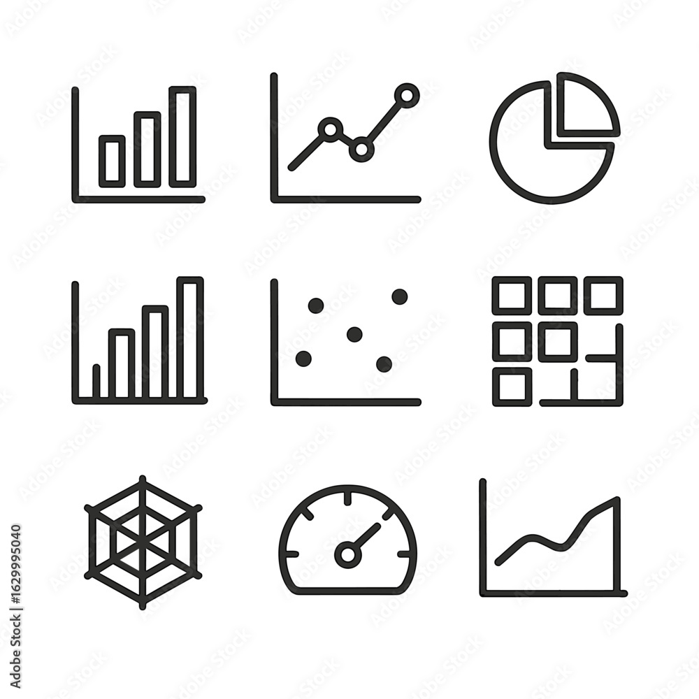 Poster data visualization icons. outline icon set of data visualization output: bar chart, line chart, pie 