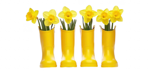 Daffodils in yellow boots arrangement on transparent png background