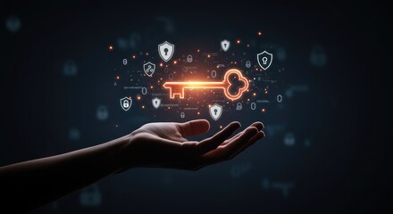 Hand holding glowing orange digital key graphic with security symbols illustrative digital access concept