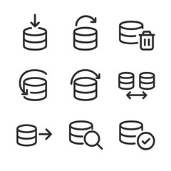 Database Operations Icons. Outline icon set of database operations: data insert, data update, data delete, backup, restore,