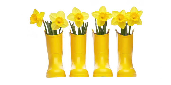 Daffodils in yellow boots arrangement on transparent png background - Powered by Adobe