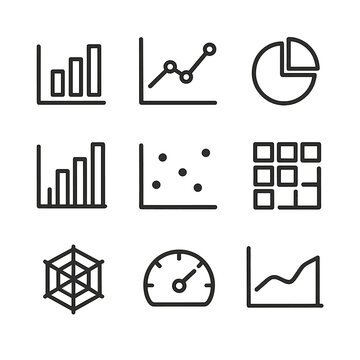 Data Visualization Icons. Outline icon set of data visualization output: bar chart, line chart, pie chart, histogram, scatter plot