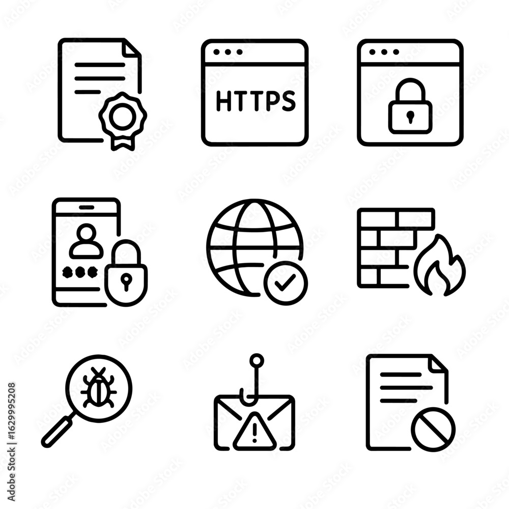 Aufkleber domain security icons. outline icon set of domain security: ssl certificate, https, domain lock, two