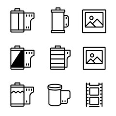 Analog Film Icon Set. Outline icon set of analog film types: 35mm film, 120 medium format, instant film, black & white film, color