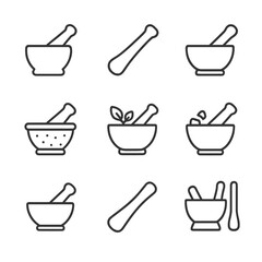 Pestle and Mortar Icons. Outline icon set of pestle and mortar tools: stone pestle, wooden pestle, ceramic mortar, granite mortar,