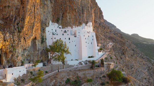 Panagia Hozoviotissa Monastery Illuminated by Morning Sunlight on Cliffs of Amorgos Island, Greece